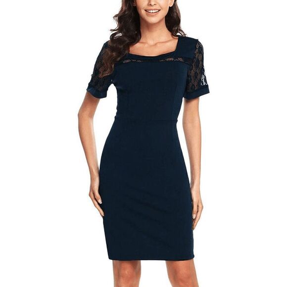 Elegant Lace Patchwork Square Neck Knee Length Pencil Navy Dress SIZE XL NEW - Picture 1 of 7